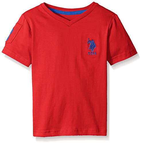 U.S. Polo Assn. Little Boys' Solid V-neck T-shirt with Large Embroidered Logo, Red/Blue, 5/6