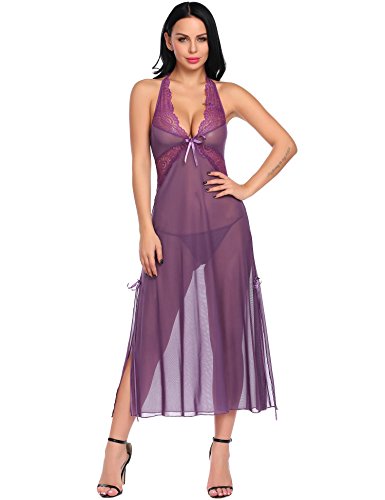 Sexy Purple Nightgown Deep V Lace Sexy Lingeries Nightdress Female Women Sexy Nightwear Purple/One S