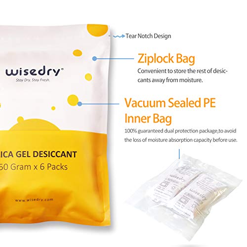 wisedry 50 Gram [6PACKS] Rechargeable Silica Gel Desiccant Packets Fast