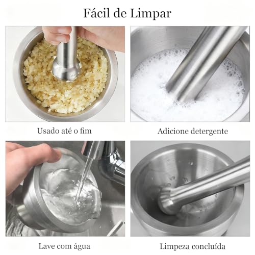 Pilao de Inox com Socador para Cozinha, com Tampa à Prova de Respingos e Base Antiderrapante, Inox 18/10, não Altera o Sabor Dos Alimentos, Perfeito para Geleia, Especiarias e Alho, Fácil de Limpar