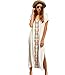 Jeasona Women's V-Neck Embroidered Maxi Long Beach Dress Swimsuit Cover Up White One Size
