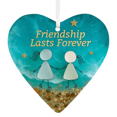 Heart Shaped Sea Glass Friendship Decor Timeless Friendships Heart Keepsake "Friendship Lasts Forever" Ornament for Friends Christmas Pendant for Xmas Tree Hanging Unique Keepsake Gifts (Heart-I)