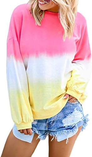 Women Crew Neck Colorblock Tie Dye Long Sleeve Lightweight Sweatshirt Hoodie Tops,XX-Large Pink