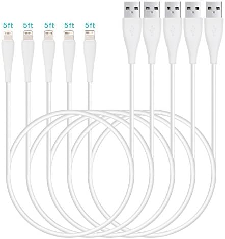 Lightning Charging Cords, 5Pack 5FT Lightning Cable to Manyi USB Cable Charging Cables Cord Compatible for iPhone X / 8 / 7 Plus / 6 / 6s / 6 plus / iPhone 5 / 5s / 5c,iPad, iPod &amp; More (white)