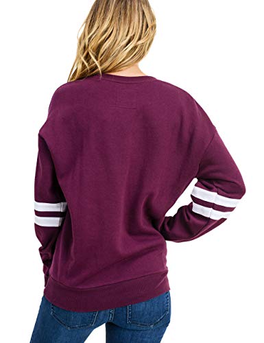 Women's Ultra Soft Fleece Stripe on Sleeves Varsity Solid Sweatshirt, Plum, Medium - Thumbnail 3