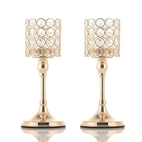 VINCIGANT 2 PCS Gold Crystal Cylinder Candle Holders for Anniversary Celebration Table Centerpieces,10 Inches Tall