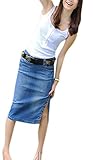 Babyhclub Women's Midi Length Denim Skirt Slim Side Slit Pencial Skirts