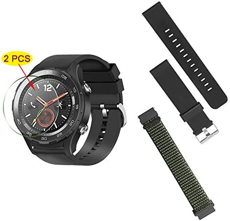 2 Pack Watch Bands Compatible with Huawei Watch 2,Sonku 20mm Watch Straps Breathable Silicone&Nylon Replacement Sport Loop Bands,Black and Military Green+2 Screen Protector