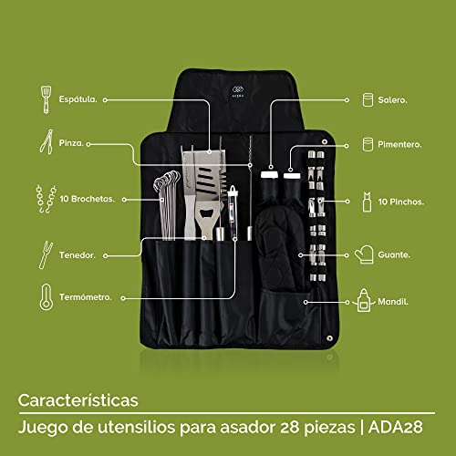 AVERA Utensilios para Asador 28 Piezas Acero Inoxidable, Incluye Mandil, Asadores, BBQ, Carne Asada, Accesorios Asador, Kit Asador, Kit Parrillero, ADA28