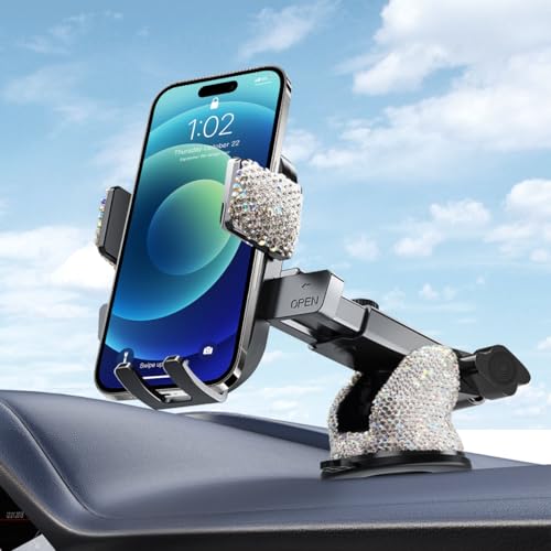 LYCARESUN Bling Car Phone Holder Mount, 360°Adjustable Shiny Rhinestone Crystal Phone Stand for Women and Girls, Universal Bling Car Accessories for Windshield Dashboard and Air Outlet.