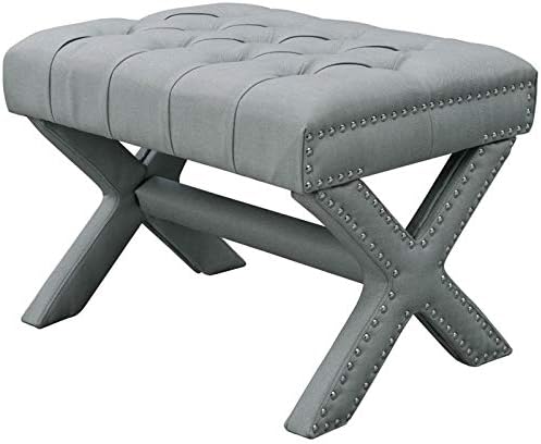 Posh Living Hazel Light Grey Linen X-Legs Ottoman - Silver Nailhead Trim - Tufted