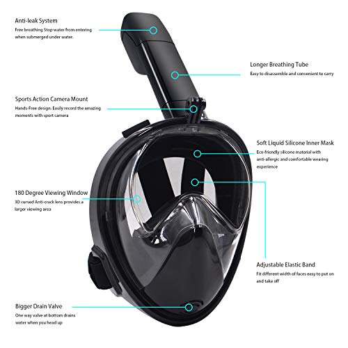WAMTHUS Snorkel Mask Full Face Easybreath The Seaview 180 Degree Snorkeling Mask for GoPro/Free Easy Breath Anti-Leak & Anti Fog Scuba Diving Mask for Adults Youth Kids L/XL