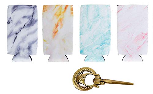 Slim Can Sleeves - Neoprene Bottle Insulator Sleeve Set of 4 Can Beverage Coolers for 12oz Energy Drink & Beer Cans + FREE Hand Of The King Bottle Opener-Game Of Thrones Inspired (Marble Pattern)