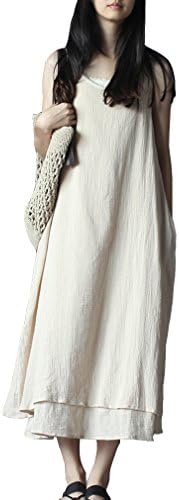 Women's Slub Cotton Double Layers Sleeveless Long Casual Dress Summer Dress