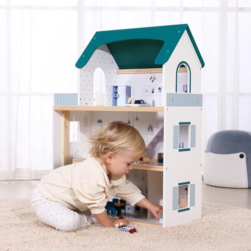 OOOK Wooden Dollhouse with Elevator, Large Doll House for Girls from 3 Years, Includes 21 Furniture, 4 Family Dolls and a Dog