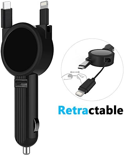 Car Charger, Retractable [USB Type-C][Lightning/Micro USB] Charging Cable Universal USB Car Charger Adapter for iPhone 8/X,Samsung Galaxy Note 8,S8,LG V30 G6 G5,Google Pixel 2,Nintendo Switch (Black)