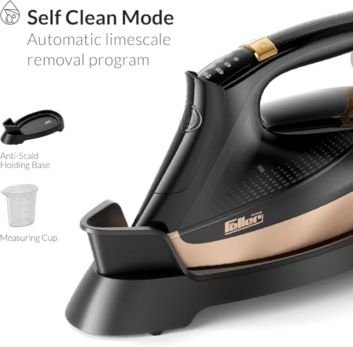 Feller Germany Vanguard Plus Steam Iron 3000W,Grab-to-Steam Technology,Prime Gold Ceramic 2x Sole Plate+Anti Calc,Anti Drip,Auto Shut Off,Display,Turbo Steam, SI300,2Y Guarantee-UAE Version (Gold)