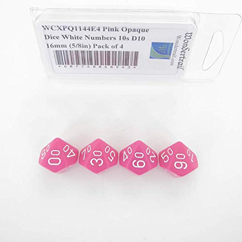 Pink Opaque Dice with White Numbers 10s D10 Aprox 16mm (5/8in) Pack of 4 Wondertrail