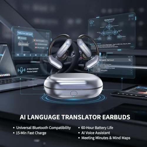 4-in-1 Latest AI Bluetooth Translation Earbuds, Real-time Translator of 164 languages; No subscription required; Powerful Bass & Full-Range Frequency Response, Premium Audio with Innovative Technology