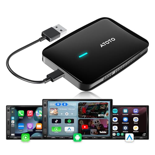 MYATOTO Android Auto Wireless CarPlay Adapter, AI Box CarPlay 2GB+16GB for Car with Wired Carplay, Built-in Video App(YouTube/Netflix), DriveChat AI, Dual-WiFi y Bluetooth, Y Cable, CB4A