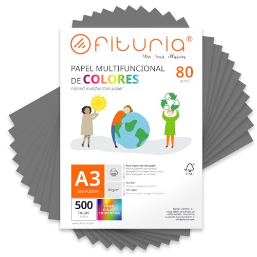 Coloured Sheets, Pack 500 Sheets A3 80 g – Coloured Paper for Crafts, Printer, Scrapbooking – Folios Colours – Ideal Origami, Papiroflexia, Office and School (Grey, 500h)