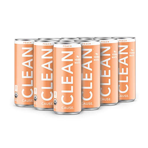CLEAN CAUSE Organic Yerba Mate Tea Energy Drink, Peach - 50% Profits Support Alcohol & Drug Addiction Recovery - Sparkling, Low Calorie & Low Sugar (80mg Caffeine, 12-pack 8.4oz)