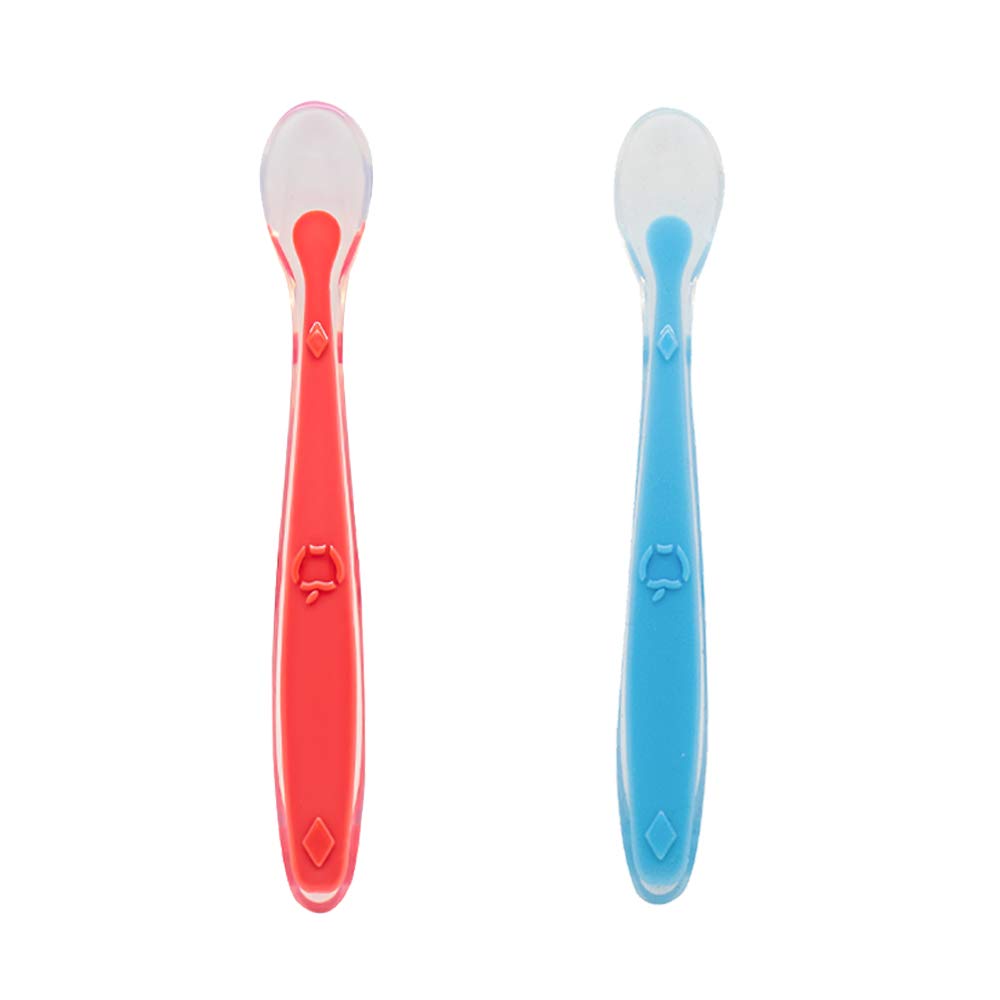 Callowesse Baby Silicone Reusable Spoons with Easy Grip Handle and Soft Tip, Dishwasher and Microwave Safe 2 Pack - Red & Blue