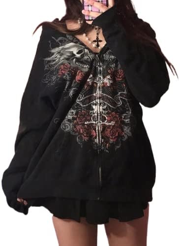 Meiweileya Women's Y2k Grunge Skull Graphic Zip Up Hoodies Emo