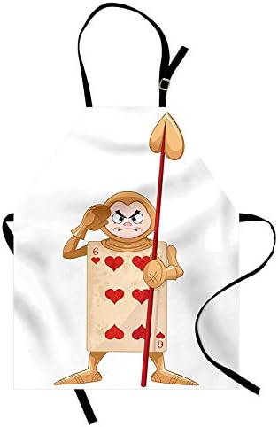 PMNADOU Alice in Wonderland Apron, Card Soldier Heart Angry Queen Fiction Alice Design Fantastic, Unisex Kitchen Bib Apron with Adjustable Neck for Cooking Baking Gardening, Ecru Pale Brown Red