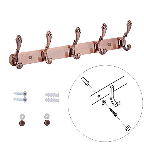 Wall Mounted Coat Rack Hooks - Metal Wall Hooks Rail Heavy Duty 5 Double Coat Hanger Hook Stainless Steel Hooks Wall Mount for Coat Hat Towel Entryway Bedrooms Kitchen Bathroom Mudroom Antique Copper