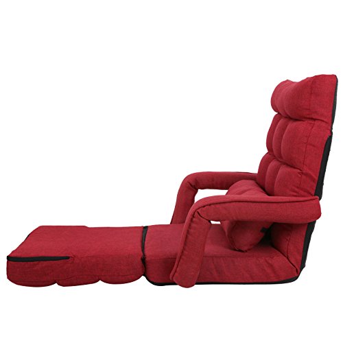 Red Adjustable Folding Lazy Sofa Floor Chair Sofa Lounger Bed w/ Armrests & Pillow For Leisure - Thumbnail 3