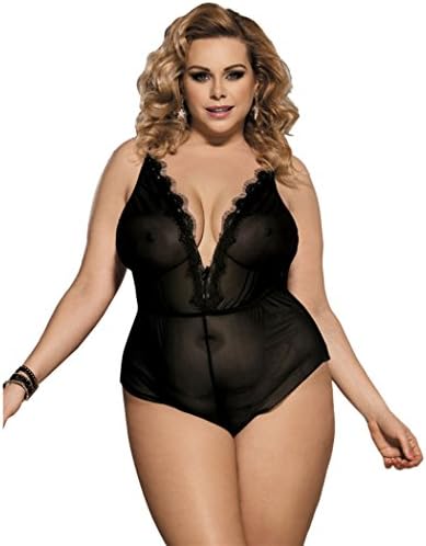 Women’s Sexy Plus Size Lingerie which is a Perspective Deep-V Halter Half One-piece Chemise with Flora Lace Decorations(Small)