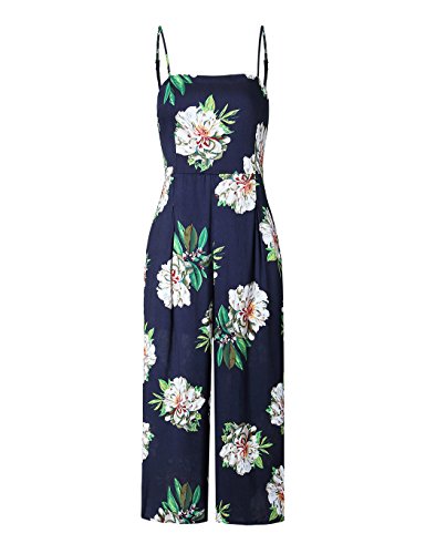 Poptem Women's Spaghetti Strap Jumpsuits Summer Floral Print Wide Leg Long Pants Beach Rompers - Thumbnail 3