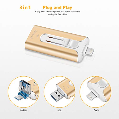 USB Flash Drive 128gb Photo Stick Thumb Drive for iPhone Flash Drive Memory Stick 3in1 USB3.0 External Storage USB Drive Richwell Compatible iPhone iPad Mac Android and Computer (Silver128G-UX)