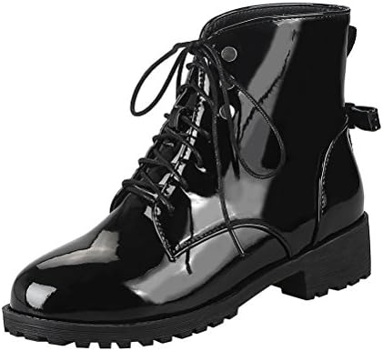 Agodor Womens Flat Platform Lace Up Patent Leather Ankle Boots Slip On Warm Winter Shoes Black