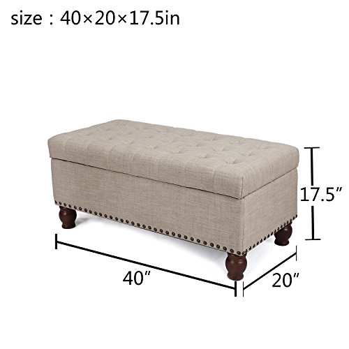 Asense Fabric Rectangle Tufted Lift Top Storage Ottoman Bench, Footstool with Solid Wood Legs, Nailhead Trim (Beige)