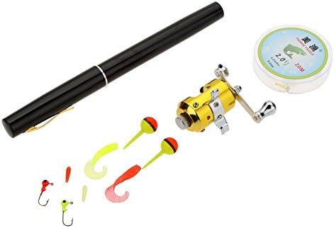 Pen Shape Pole Fishing Tackle - MEIYU 1M Portable Mini Pocket Aluminum Alloy Fishing Rod Pen Shape Pole Fish Reel Drum Wheel Fishing Line Soft Bait Jig Hook Float Tackle, Black