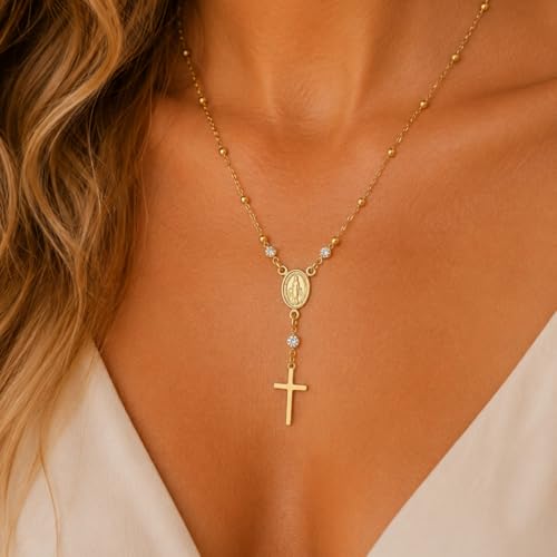 Colar Terço Rosário com Cruz Semi Joia Banhado Ouro 18k - Religioso Católico - Corrente 45cm - Antialérgico - Presente Feminino - Stella Semi Joias