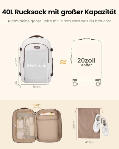 LOVEVOOK Travel Backpack Hand Luggage Aeroplane 40L Large Backpack Women's 45 x 36 x 20 cm, B-beige brown, Casual | travel backpack for 15.6 inch laptop, carry on suitcase backpack backpack for travel weekender work business trip business