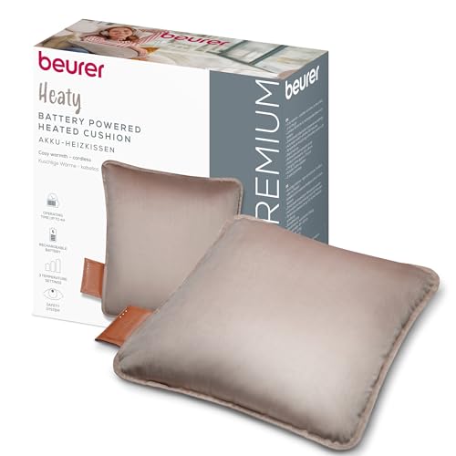 Beurer Heaty Heizkissen, kabelloses Heizkissen mit Akku, Wärmekissen mit Abschaltautomatik und 3 Temperaturstufen, mit Schnellheizung, weicher Samtstoff, smokey-taupe