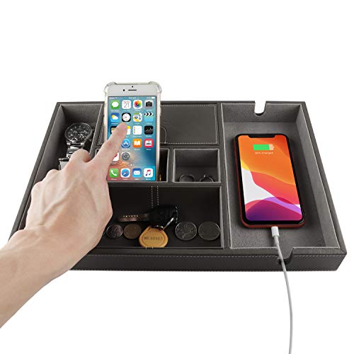 PLENTY Leather Valet Tray for Men with Large Smartphone Charging Station (Grey)