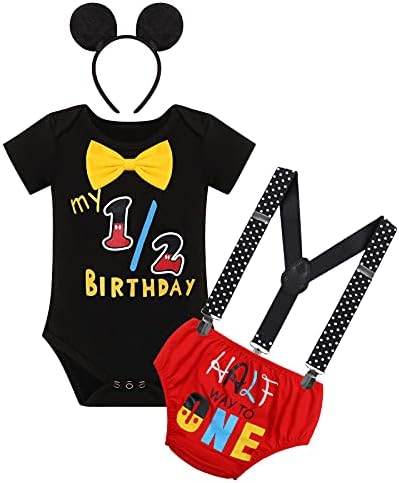 Disfraz De Mickey Para Bebé – 4 Piezas: Mameluco + Tirantes + Pantalón + Diadema, Para 1er Cumpleaños, Sesión De Fotos, Algodón Y Poliéster