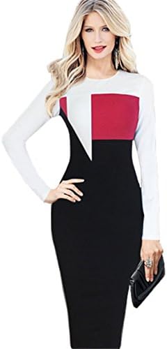 Women Fashion Geometry Colors Patchwork Round Collar Elegant Office Pencil Dress Slim Waist Wear to Work White/Red/Black XX-Large