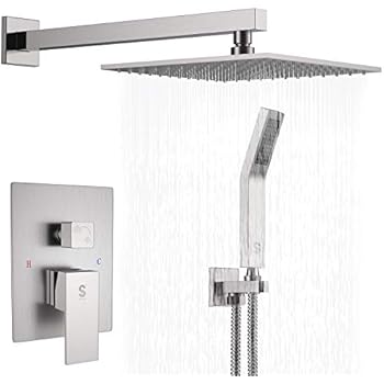 SR SUN RISE Brass Shower System 10 Inch Bathroom Luxury Rain Mixer Shower Combo Set Wall Mounted Rainfall Shower Head Systems Brushed Nickel Finish (Contain Shower Faucet Rough-In Valve Body and Trim)