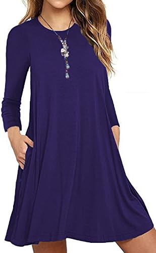 Yibye Ladies Long Sleeve Swing Loose Flowy Short Casual Tunic Shirt Mini Dress (XXL, Blue)