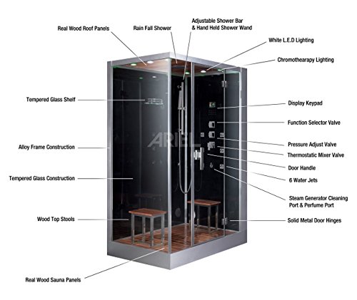 Ariel Platinum DZ961F8-BLK-R Steam Shower in Black with Right Side Drain and Plumbing Fixtures