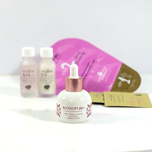 BLOSSOM JEJU Pink Camellia Soombi Blooming Essence Serum 30ml/1 fl.oz. with 2 Step Dewy Firming Petal Mask (1 Sheet), Whamisa Deep Rich Mini & Double Rich Mini & Eye Essence Samples