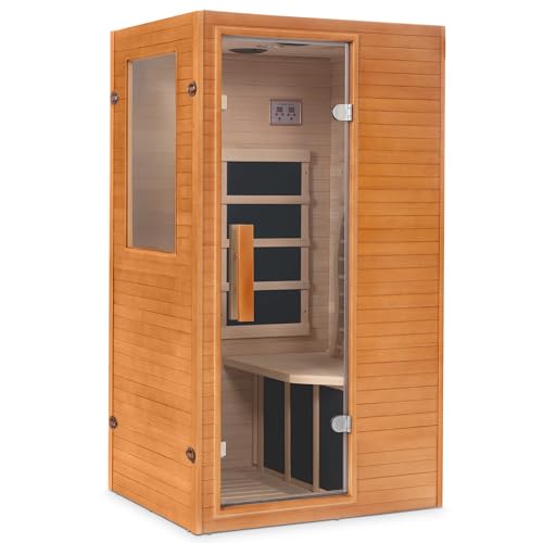 Real Relax 1 Person Infrared Sauna, Indoor Far Infrared Saunas for Home, Canadian Hemlock Wood Sauna with 950W/120v, 6 pcs Mica Heating Plates, Spa Room 33 * 27.3 * 59 Inch