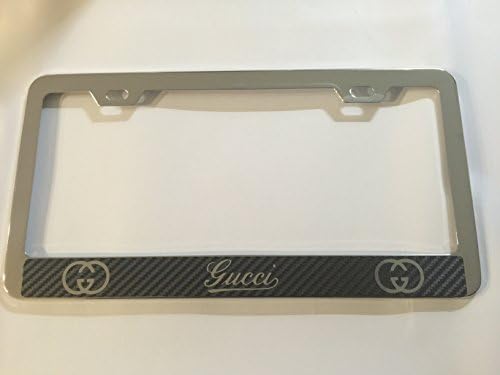 Fiat by Gucci Black Carbon Fiber Vinyl Decal Cut Style2 reverse on Chrome Metal License Frame with screw caps included