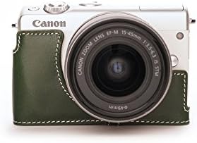 Canon EOS M100 Case, BolinUS Handmade Genuine Real Leather Half Camera Case Bag Cover for Canon EOS M100 Camera with Hand Strap - Green
